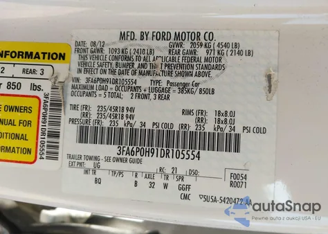 2013 Ford Fusion Se из США, поврежденный, VIN 3FA6P0H91DR105554